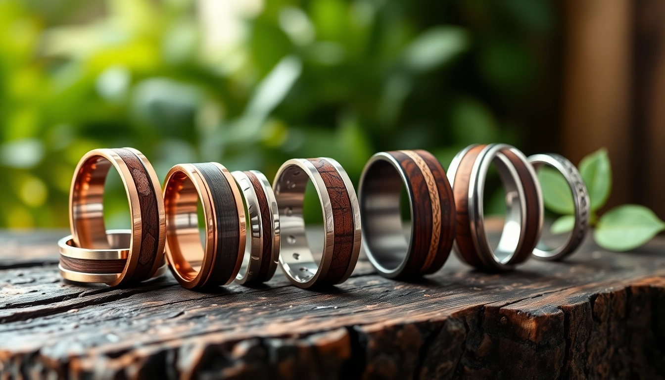 Showcase of Unique Wedding Bands for Men displaying various materials and designs on a rustic background.