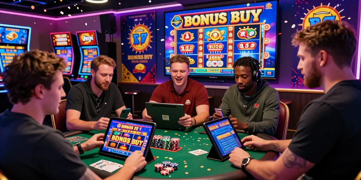 Engaging online casino scene at https://ampika.co.uk/ featuring players excitedly interacting with Bonus Buy slots, capturing the thrill and vibrant atmosphere of modern gaming.