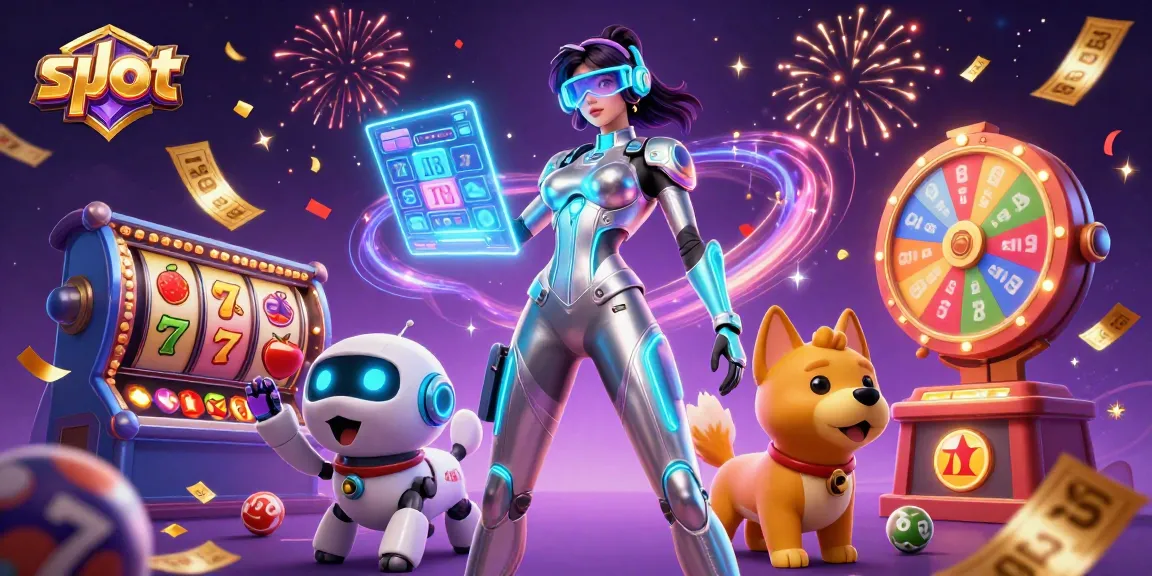 Experience thrilling slot games in a vibrant casino scene with futuristic elements and festive energy.