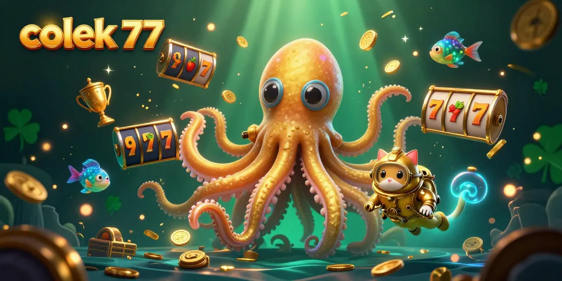 Experience engaging gaming action with colek 77, showcasing a colorful slot experience with the kraken and diving cat.