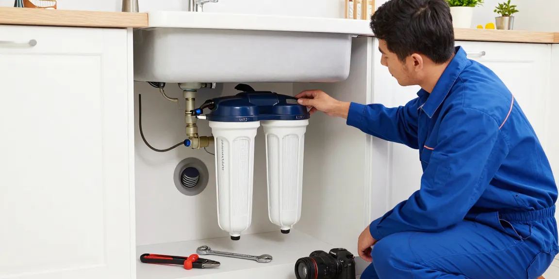 Technician installing Overbest 10 x 4.5 Whole House Water Filte Replacernent for 3M®Aqua-Pure®AP810 in a bright kitchen setting.