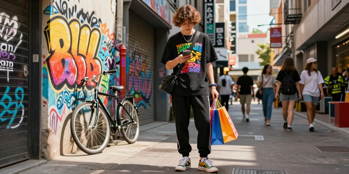 Dynamic street fashion scene in urban setting, highlighting 레플리카 쇼핑몰 shopping experience.