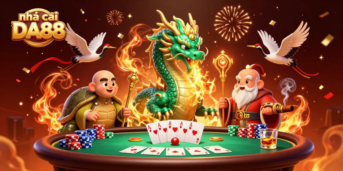 Engage with the exciting world of nhà cái DA88 through this dynamic illustration featuring a dragon and casino elements.