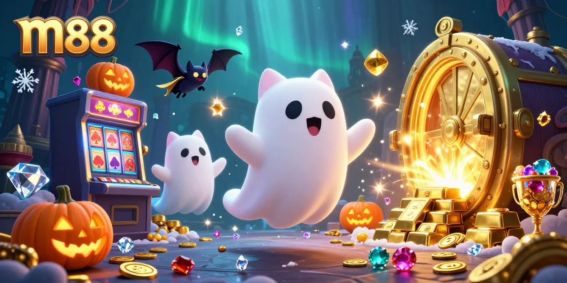 Experience thrilling gameplay at m88 with a ghost cat and vampire bat in a lively casino scene.