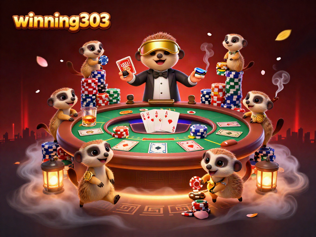 Winning303 meerkats engaging in dynamic casino activities with poker chips and cards in a rich illustration.