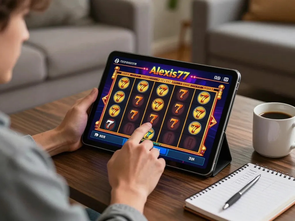 Experience the thrill of alexis77 slot gameplay on your tablet in a cozy home environment.