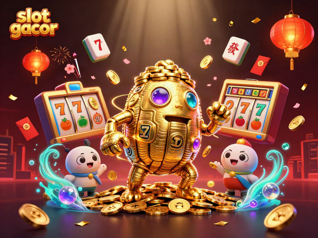 Spin the reels of slot gacor with a glittering golem and casino elements in an amazing 3D illustration.
