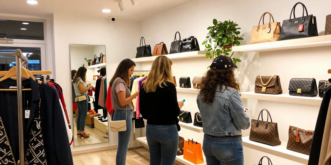 Shopper examining stylish 레플리카 handbags in a modern boutique setting.