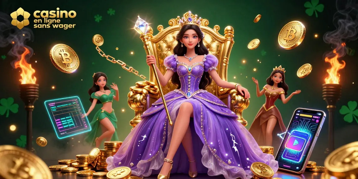Illustration engageante d'un casino en ligne sans wager sur le thème royal, mettant en avant des éléments crypto et des motifs dorés.