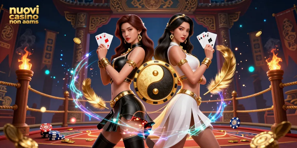 Vivi un'azione emozionante con due splendide donne asiatiche che mostrano i nuovi casino non AAMS attraverso colori vivaci e dettagliati elementi di gioco d'azzardo.