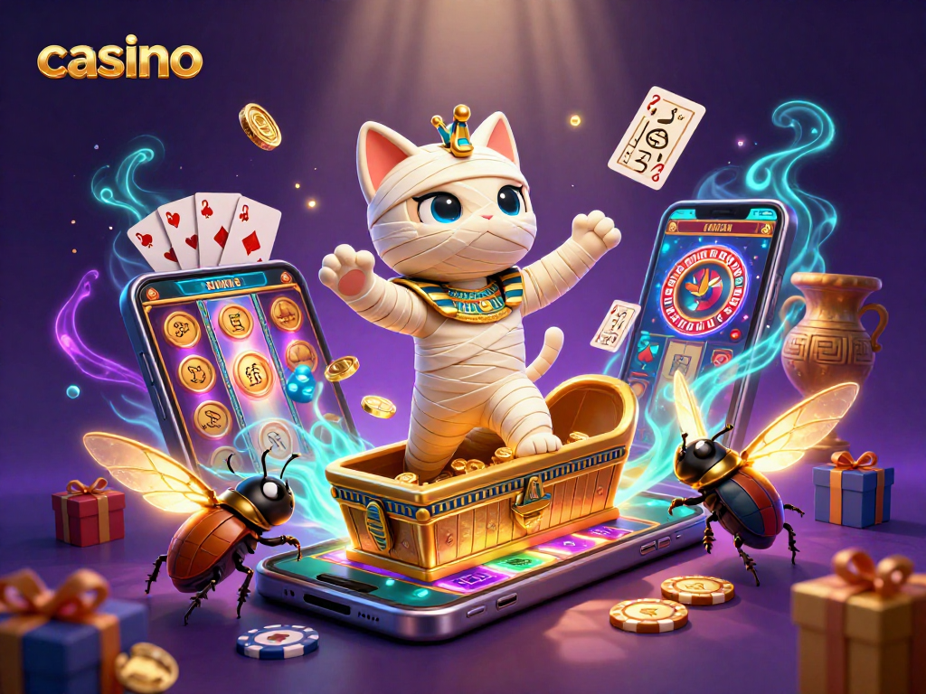 Engaging casino scene showcasing Egyptian mummy cat and scarab beetle with gaming elements.