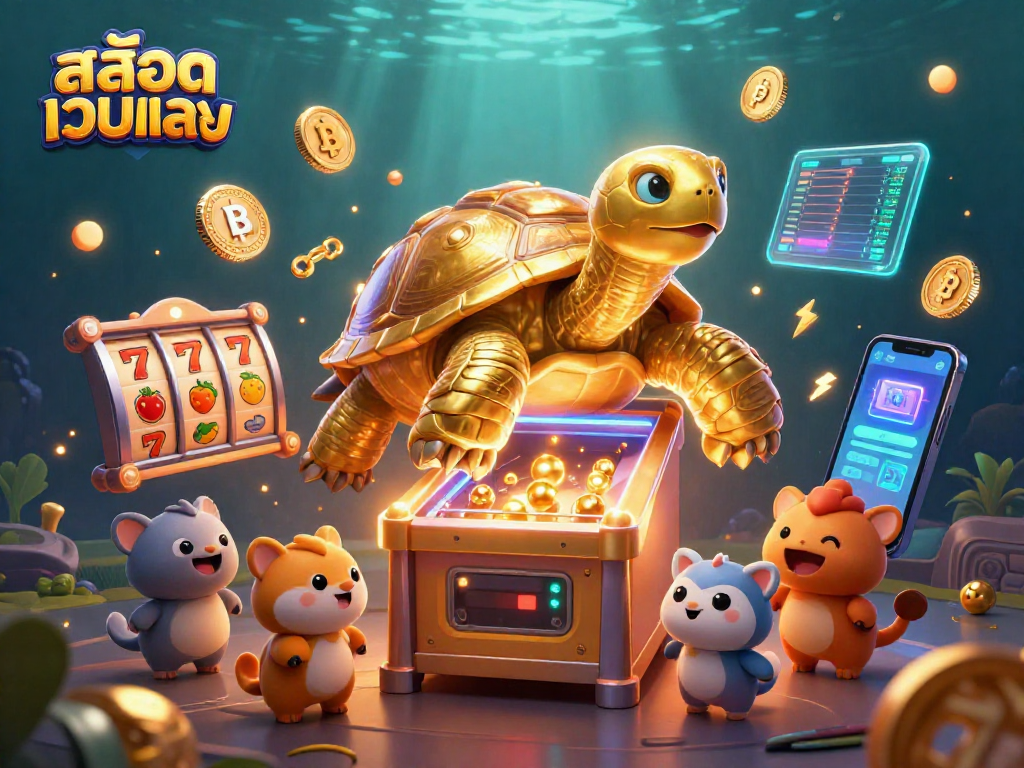 Experience the excitement of สล็อตเว็บตรง with a vibrant scene featuring a pinball tortoise and crypto elements.