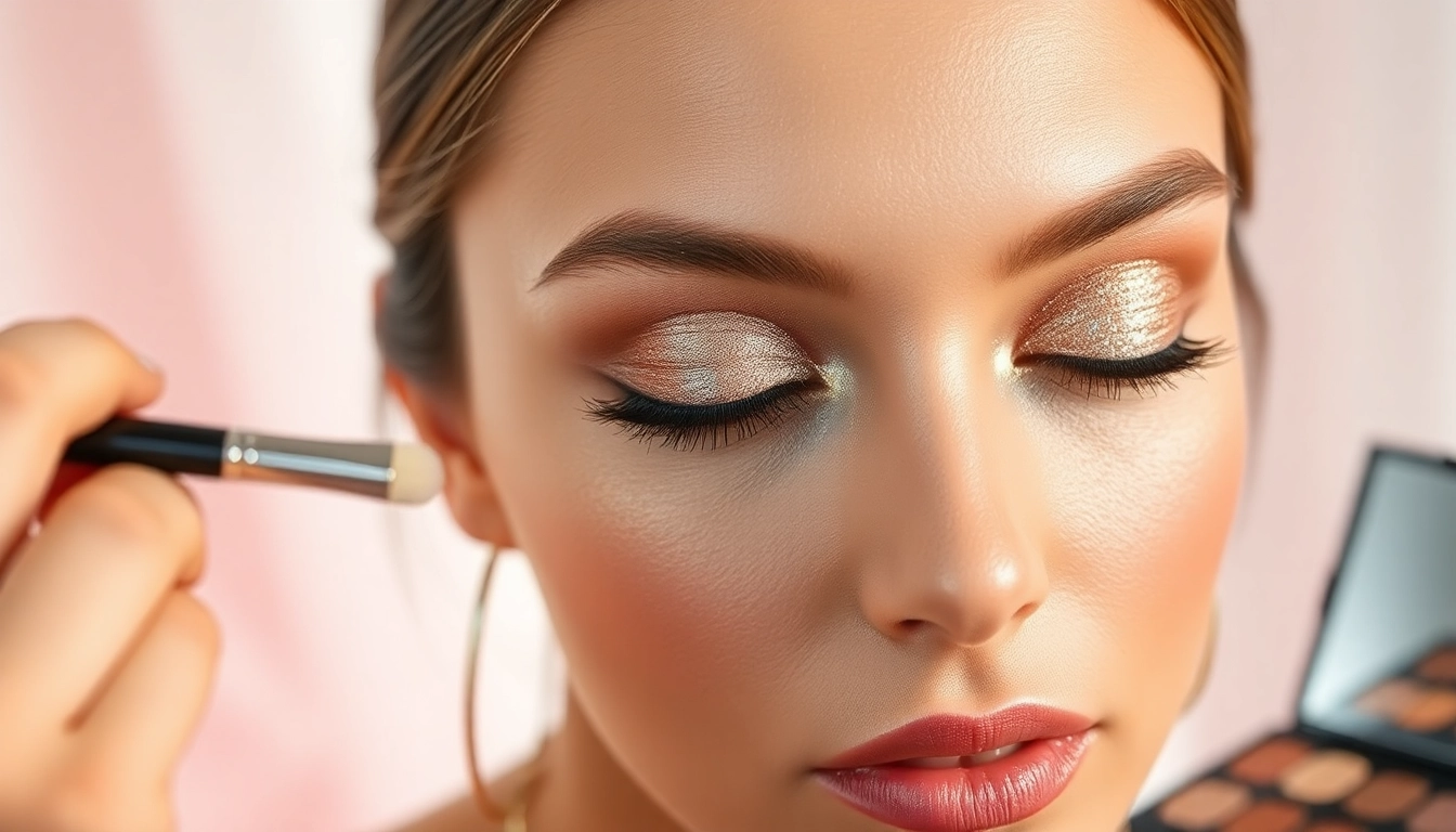 Apply champagne eyeshadow for a shimmery and elegant look on the model's eyelids.