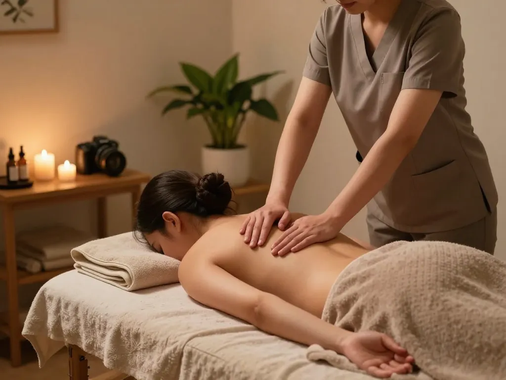 Massage therapy session highlighting relaxation and rejuvenation with soothing elements.