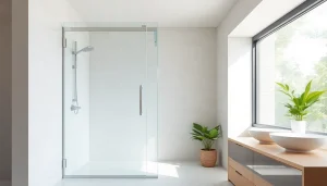 Showcase of a modern shower screen door in a stylish bathroom with natural light.