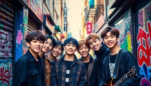 BTS members posing vibrantly against a colorful street, showcasing their unique personalities.