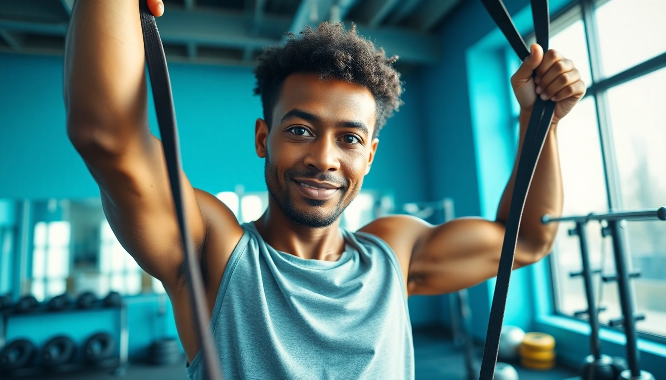 Person exercising with pull-up resistance bands in a modern gym.