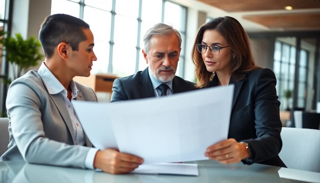 Intellectual property lawyer consulting with a client in a bright modern office.