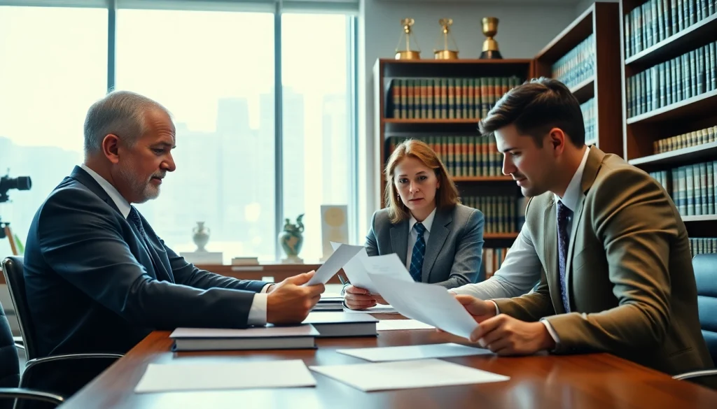 Miami-Dade County litigation Lawyer consulting clients in a professional office setting.