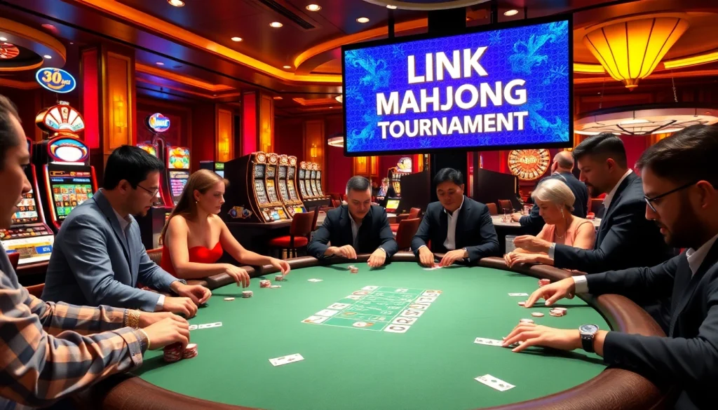 Experience the excitement of Link Mahjong at a bustling casino, featuring poker tables and vibrant slot machines.