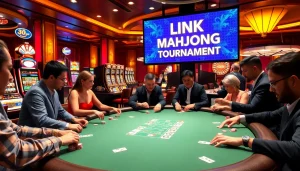 Experience the excitement of Link Mahjong at a bustling casino, featuring poker tables and vibrant slot machines.