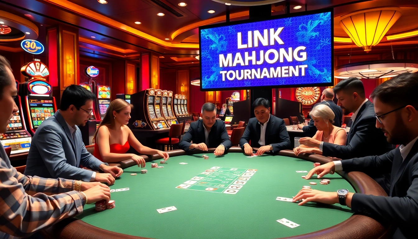 Experience the excitement of Link Mahjong at a bustling casino, featuring poker tables and vibrant slot machines.