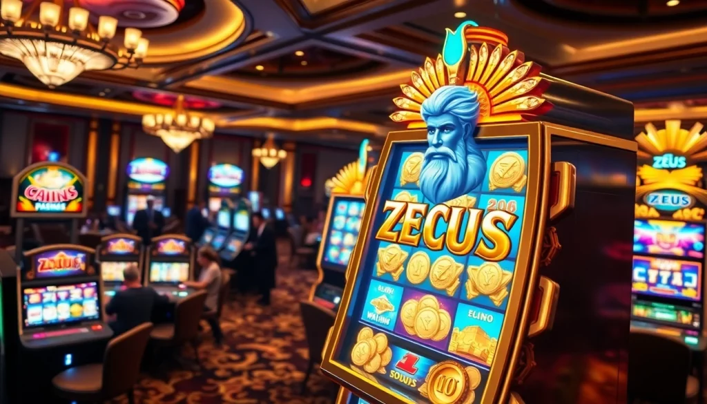 Mainkan mesin slot Zeus di tengah atmosfer kasino yang seru, dipenuhi kemewahan dan keberuntungan.