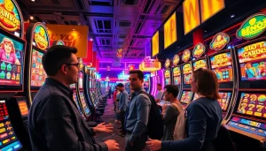 Menampilkan pengalaman bermain slot depo 1k dengan pemain antusias di mesin slot yang berwarna-warni.