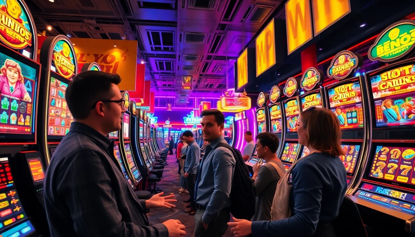 Menampilkan pengalaman bermain slot depo 1k dengan pemain antusias di mesin slot yang berwarna-warni.