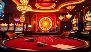 Experience thrilling gameplay at the hidden wiki onion casino with players at a poker table and a spinning roulette wheel.