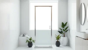 Shower screen door displayed elegantly in a modern bathroom with soft lighting and minimal decor.