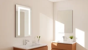 Show a stunning mirror with Lights enhancing modern bathroom aesthetics and ambiance.