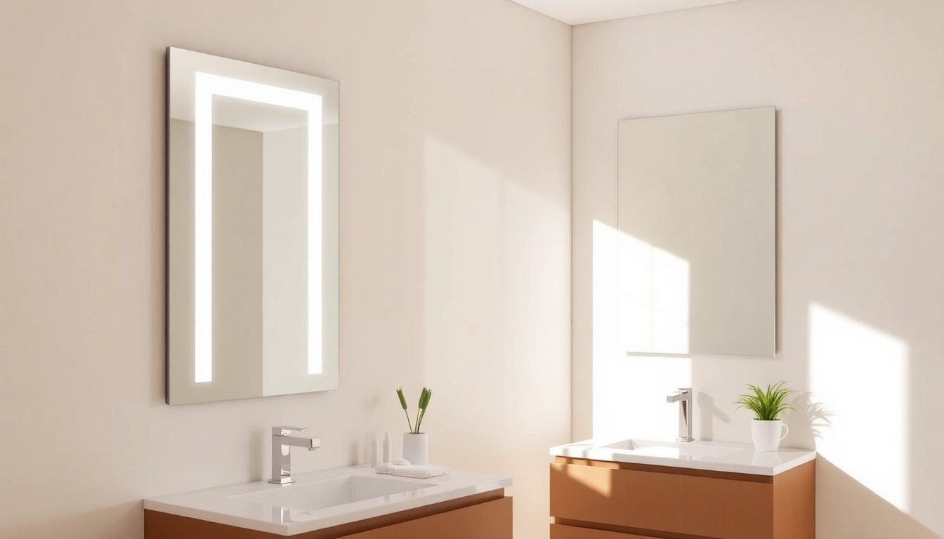 Show a stunning mirror with Lights enhancing modern bathroom aesthetics and ambiance.