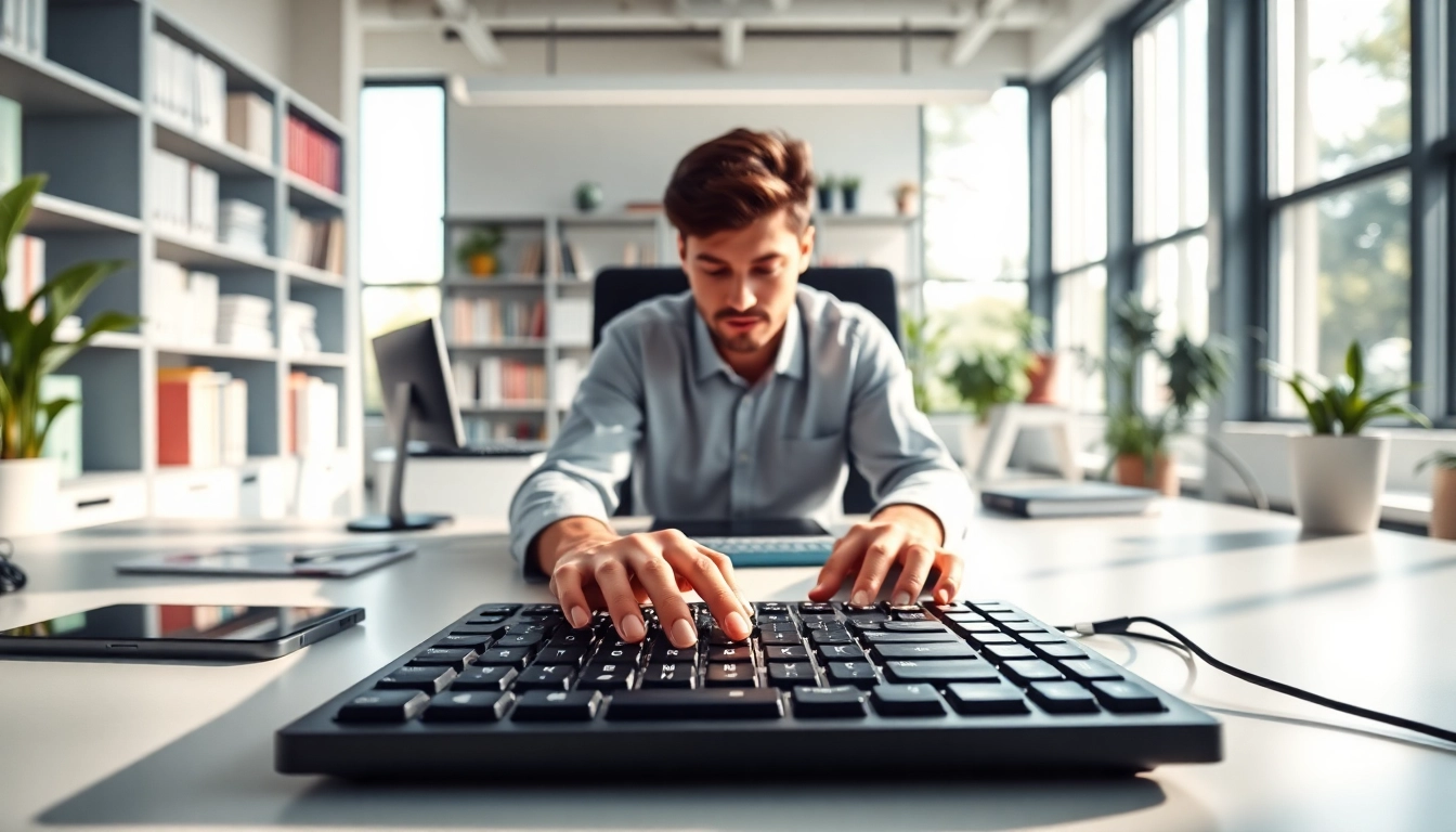 Streamlined typing center enhancing productivity in a bright office environment.