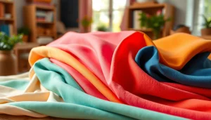 Diverse kleuren en texturen van stretch stoffen in een artistieke opstelling.