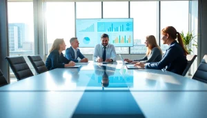 Crisis management consultant leading a strategic meeting with a professional team in a modern office.