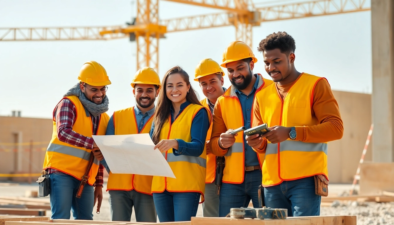 Engaged group participating in contractor apprenticeship program on construction site.