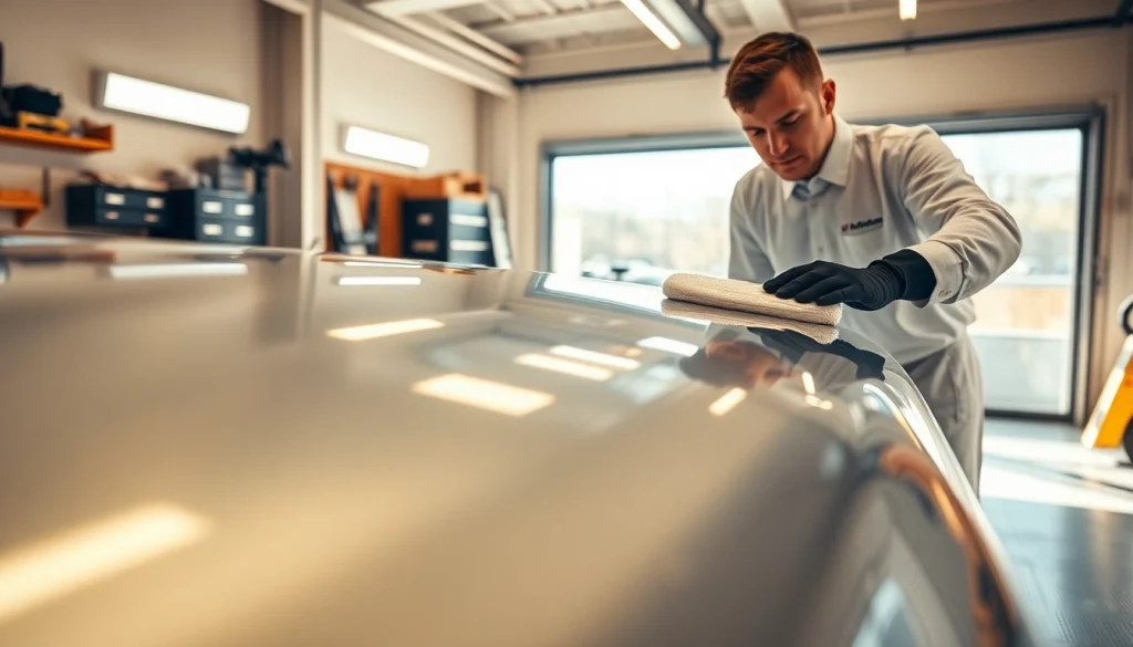 Applying ceramic coating near me on a high-end vehicle in a professional garage environment.