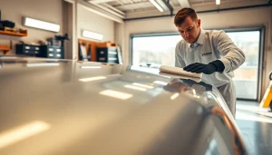 Applying ceramic coating near me on a high-end vehicle in a professional garage environment.
