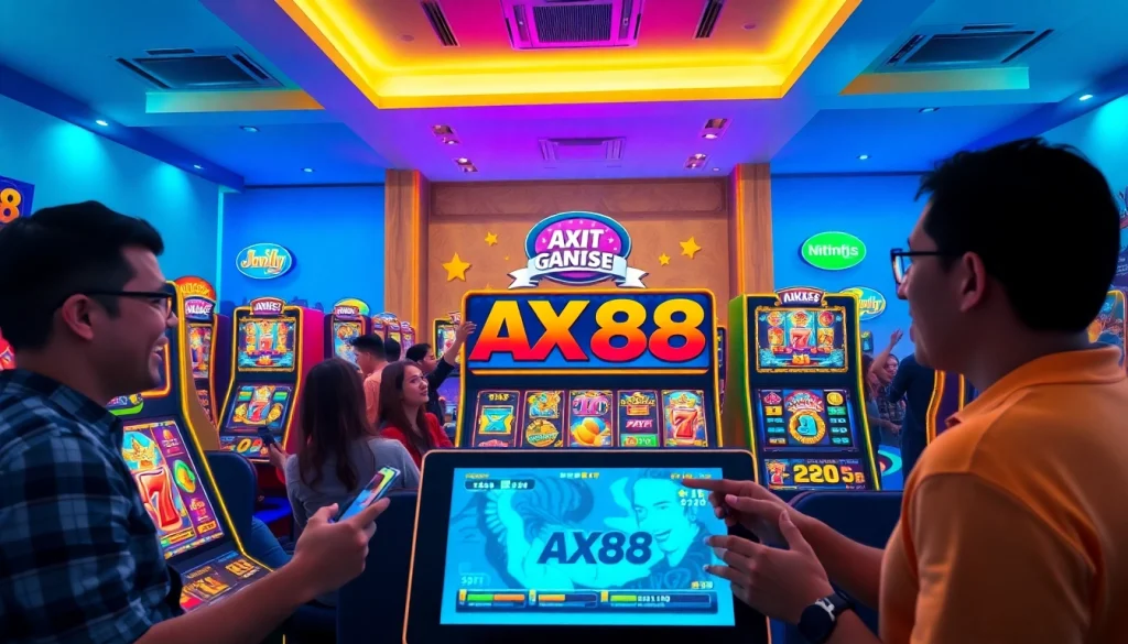 Cảnh game slot AX88 đầy hứng khởi với màu sắc sống động và màn hình hoạt hình.