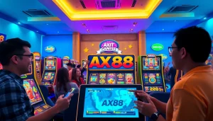Cảnh game slot AX88 đầy hứng khởi với màu sắc sống động và màn hình hoạt hình.