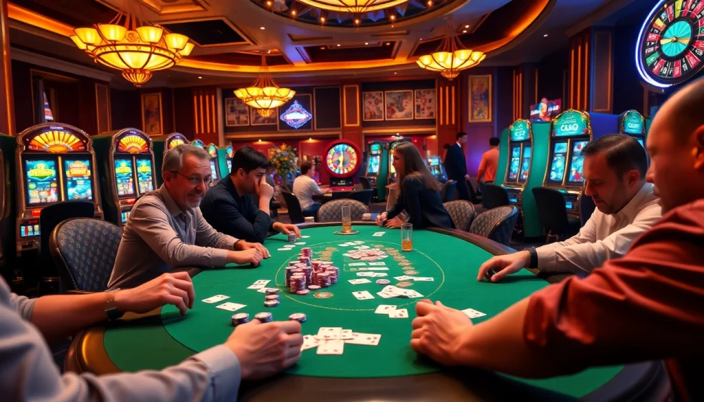 situs deposit 5k - Pemain antusias terlibat dalam suasana kasino yang hidup dengan chip poker dan mesin slot.