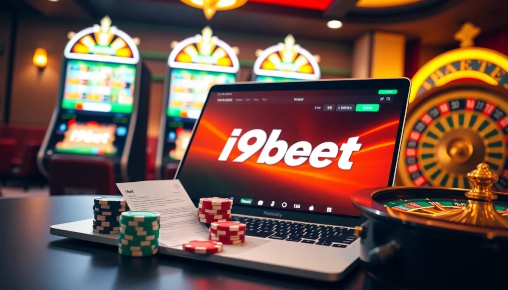 Experience i9bet's vibrant online gambling with exciting casino tables and glowing slot machines.
