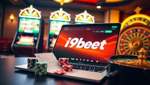 Experience i9bet's vibrant online gambling with exciting casino tables and glowing slot machines.