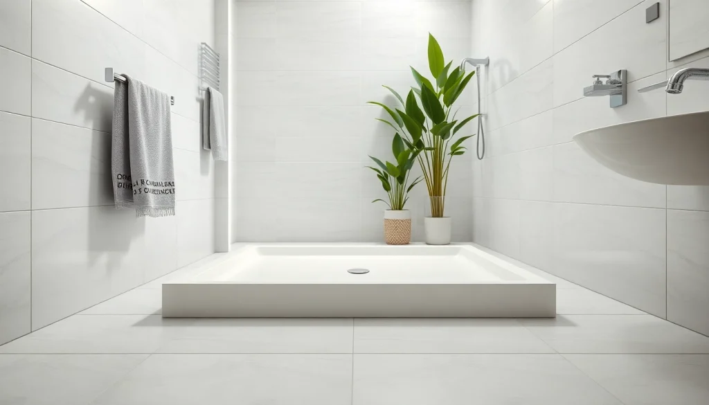 Showcase a stylish shower base in a modern bathroom with elegant fixtures.