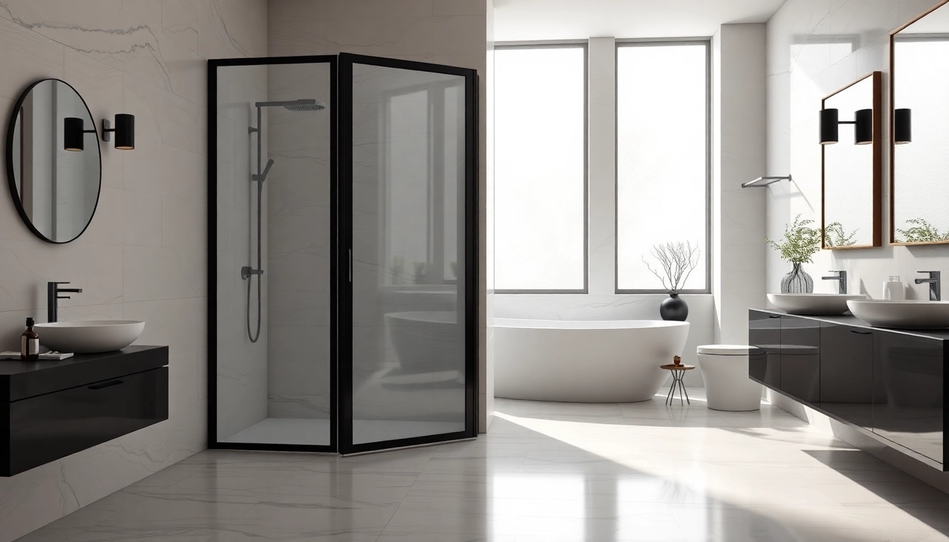 View of a black frame shower door in a modern bathroom with elegant decor.