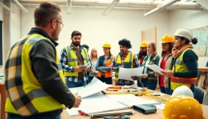 Engaged students in a construction education Colorado classroom collaborate with tools and blueprints.