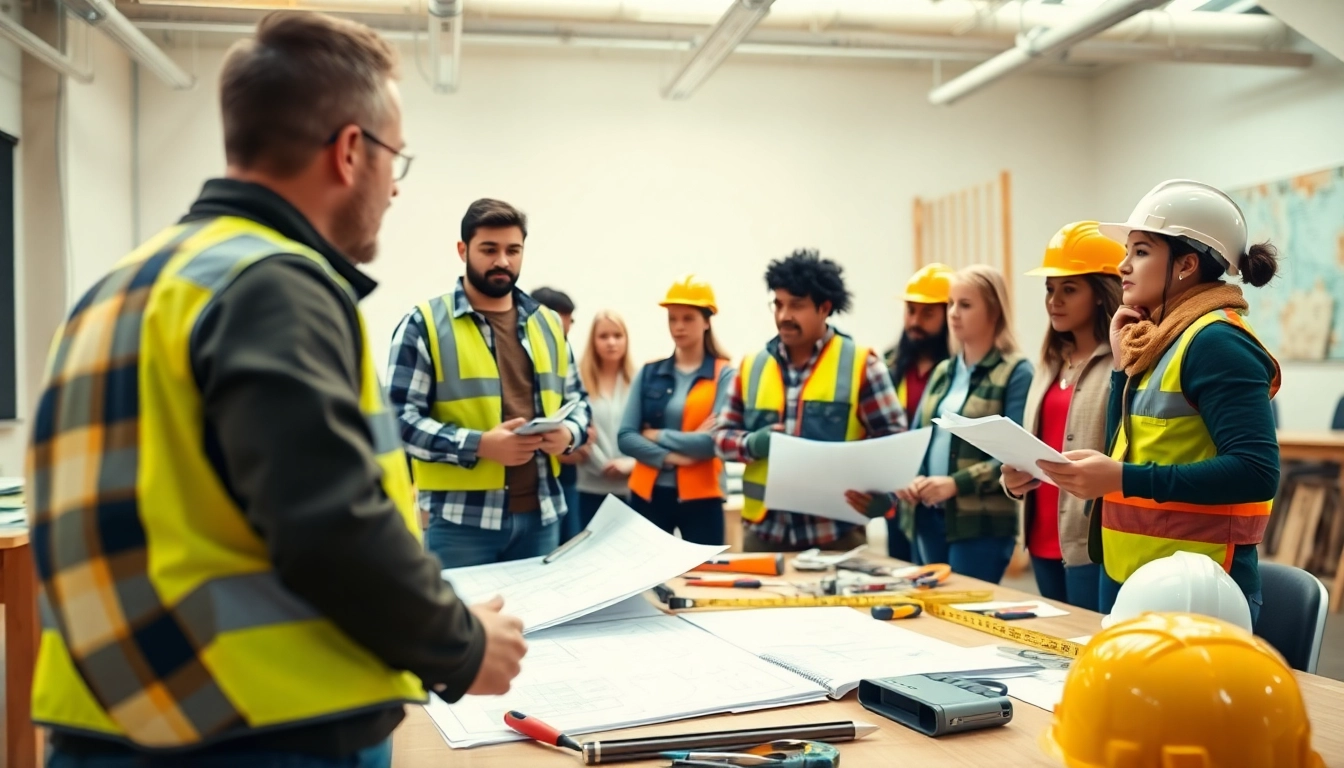 Engaged students in a construction education Colorado classroom collaborate with tools and blueprints.