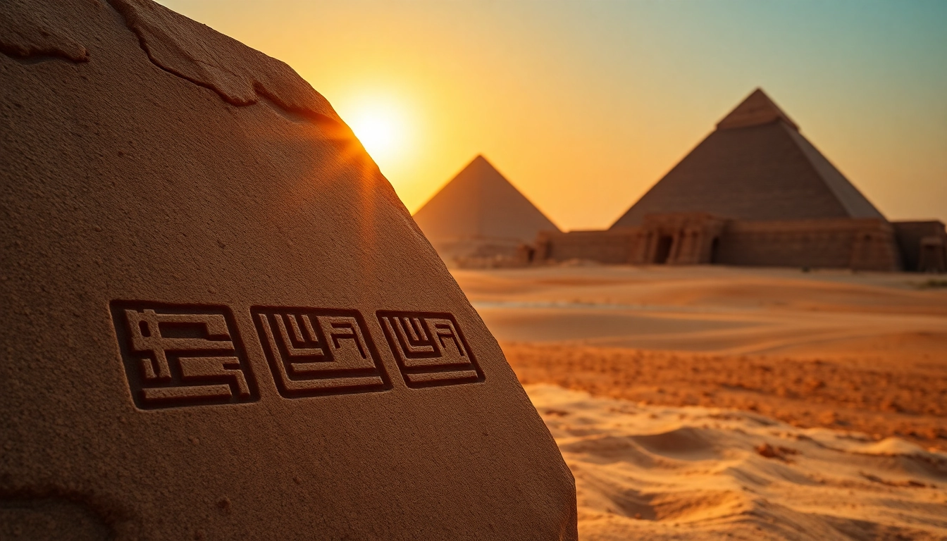 Piraminds showcasing ancient Egyptian architecture against a sunset foliage.