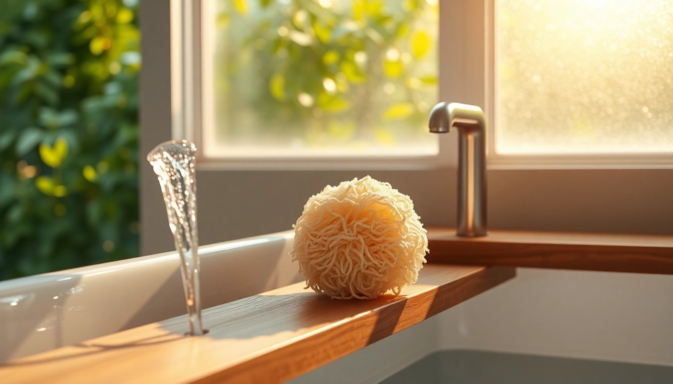 Showcase the best back loofah on a wooden shelf surrounded by serene bathroom elements.